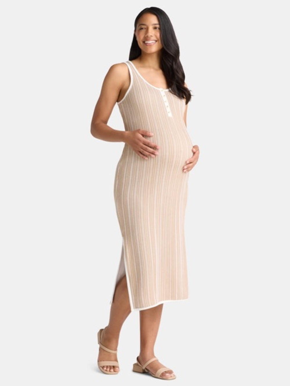 Time and Tru Women's Ribbed Maternity Dress in Tan and White Stripes